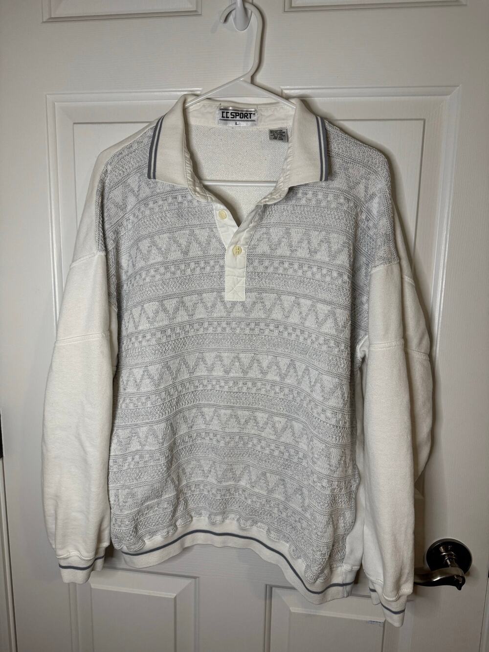 CC Sport Men's Vintage 90s Cotton Polo Sweater Sweatshirt Granpacore White L